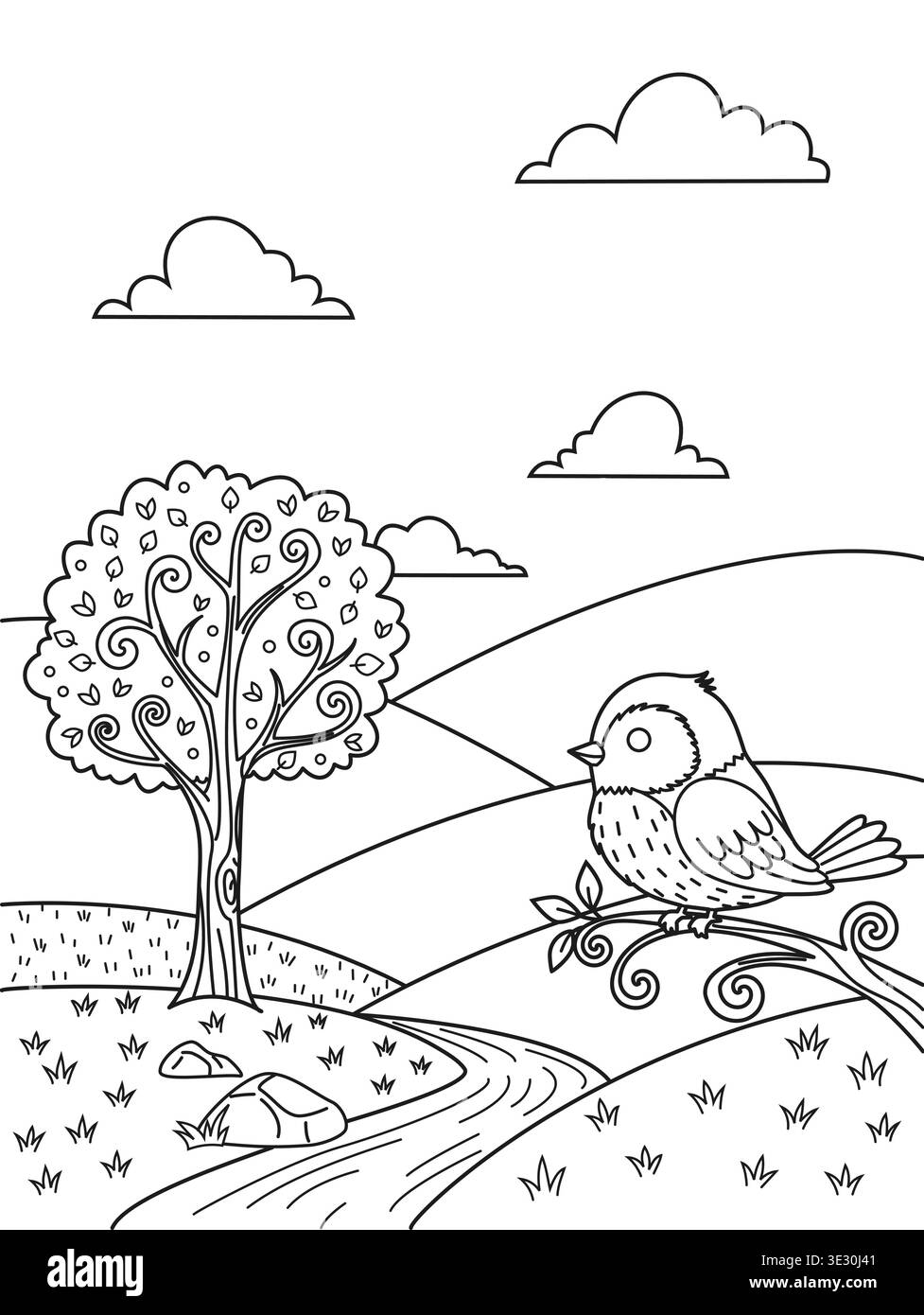 Grazioso uccello e albero vorticoso nella pagina da colorare del paesaggio di Rolling Hills Illustrazione Vettoriale
