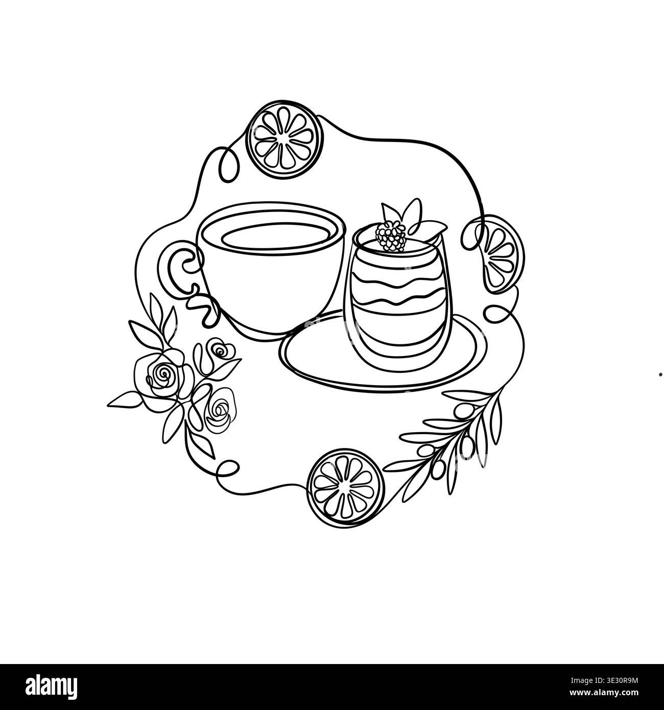 Tazza da caffè minimalista e parfait di yogurt ai frutti di bosco con opere d'arte a linee continue Foto Stock