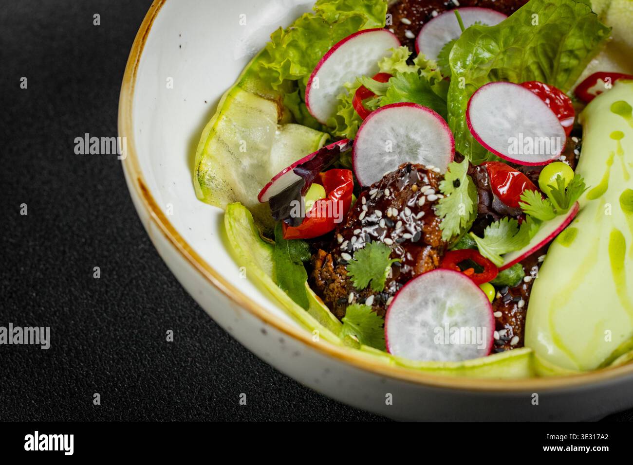 Insalata di verdure fresche di lattuga verde, ravanello e cetriolo con aneto, cipolle verdi e yogurt greco Foto Stock
