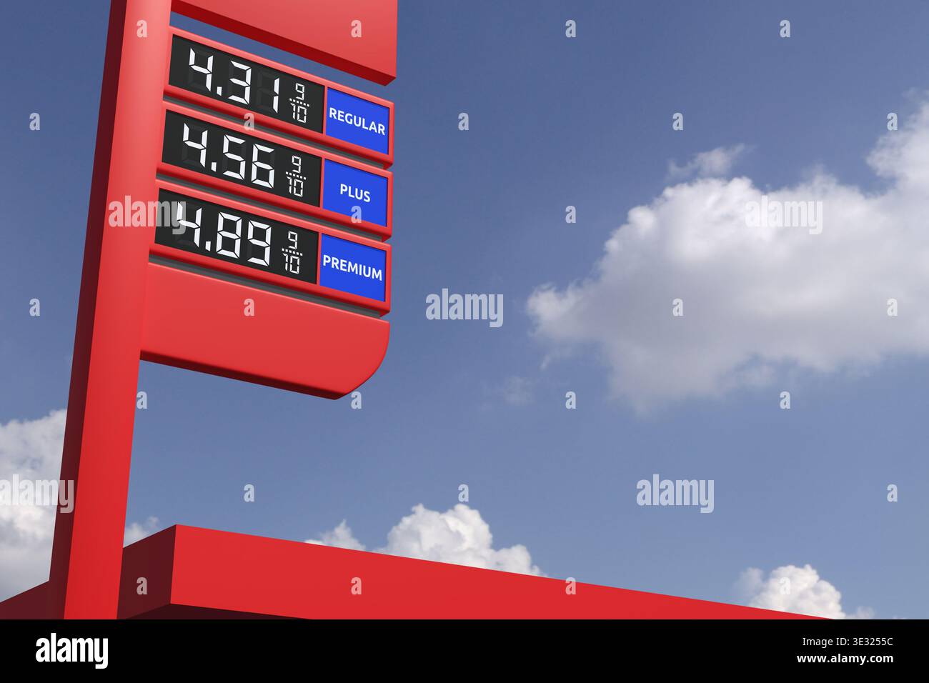 Prezzi del carburante in aumento visualizzati sul Totem della stazione di servizio - rendering 3D. Foto Stock