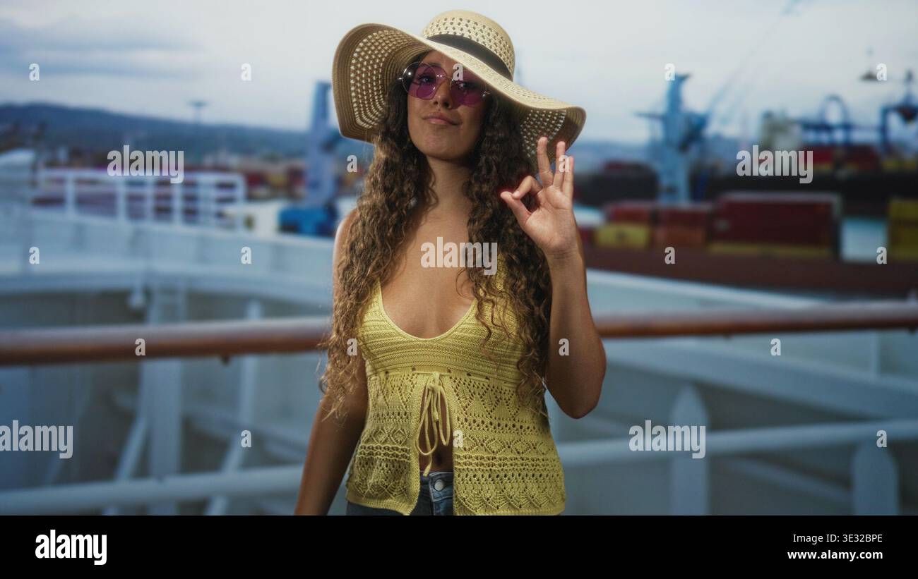 La donna che indossa un cappello da sole in paglia e occhiali da sole rosa fa un buon segno con la mano, indossa un top in maglia gialla e pantaloncini in denim mentre si appoggia sulla ringhiera del ponte della nave; V Foto Stock