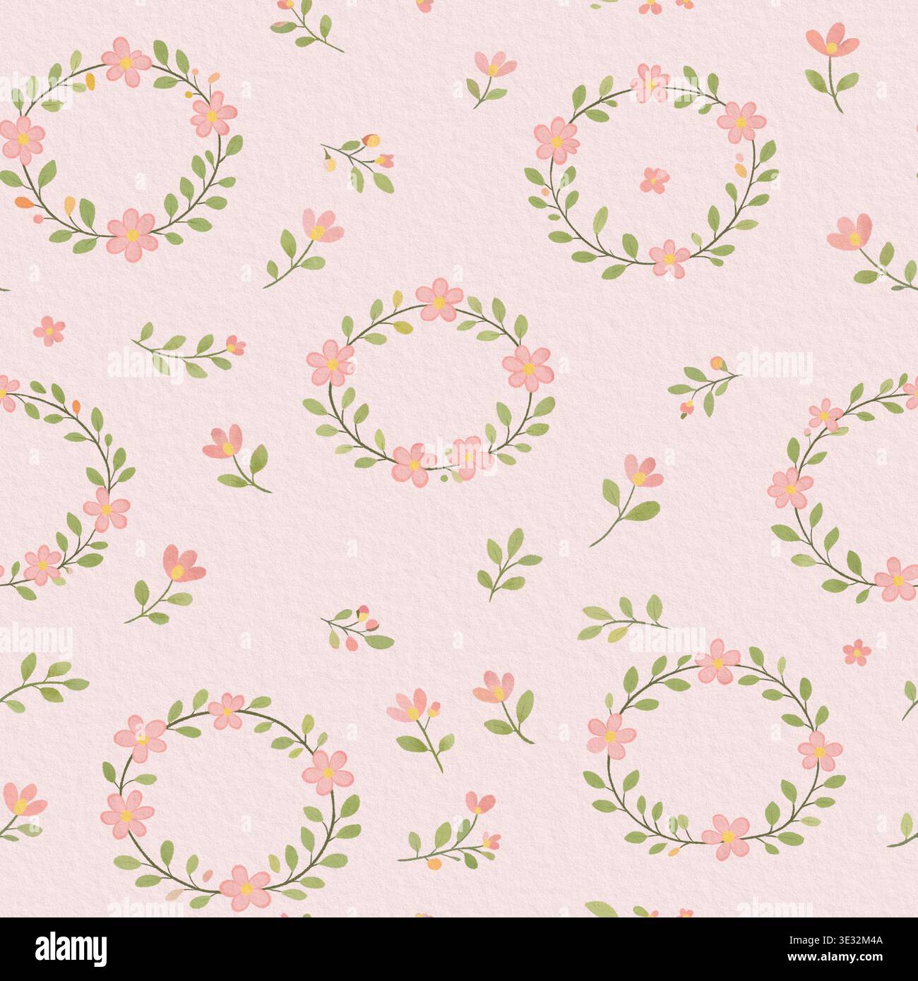 Motivo acquerello senza cuciture con ghirlande e foglie floreali rosa su sfondo morbido rosa testurizzato Foto Stock