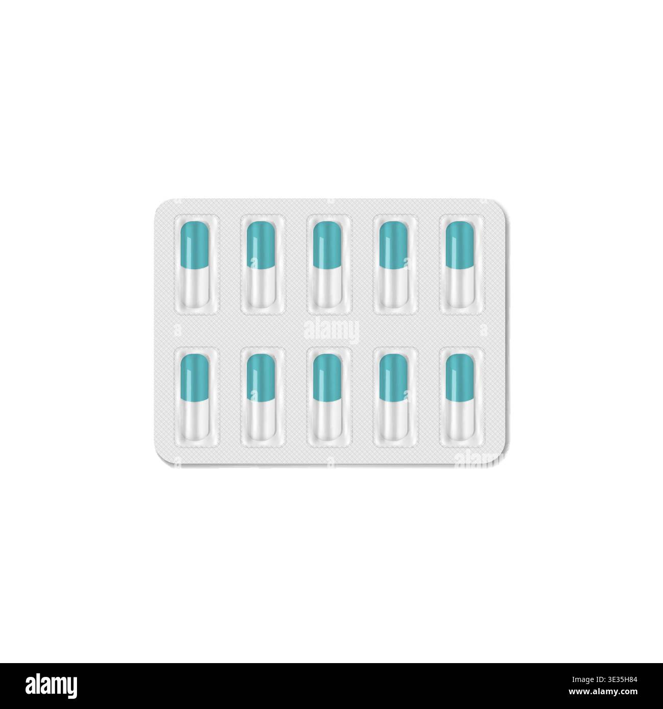Capsule mediche in blister isolato su sfondo bianco. Confezione di pillole, modello vettoriale Illustrazione Vettoriale