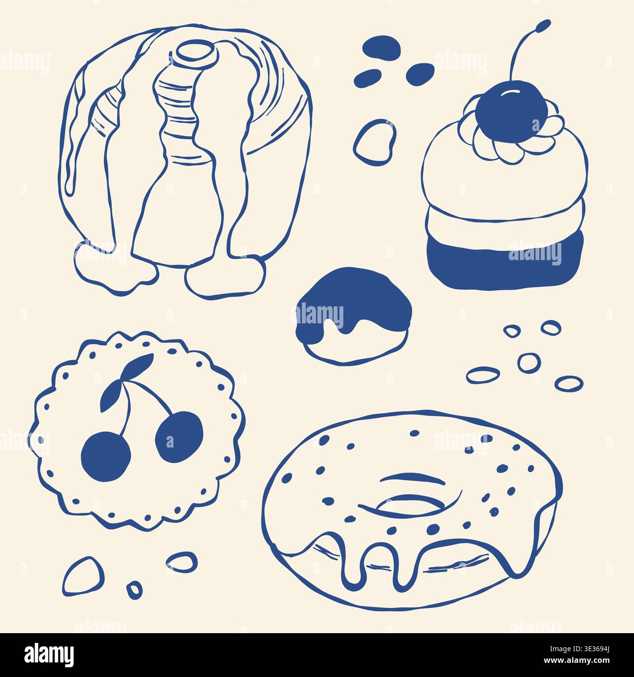 Icone di dessert disegnate a mano con ciliegie, ciambelle e torta Illustrazione Vettoriale