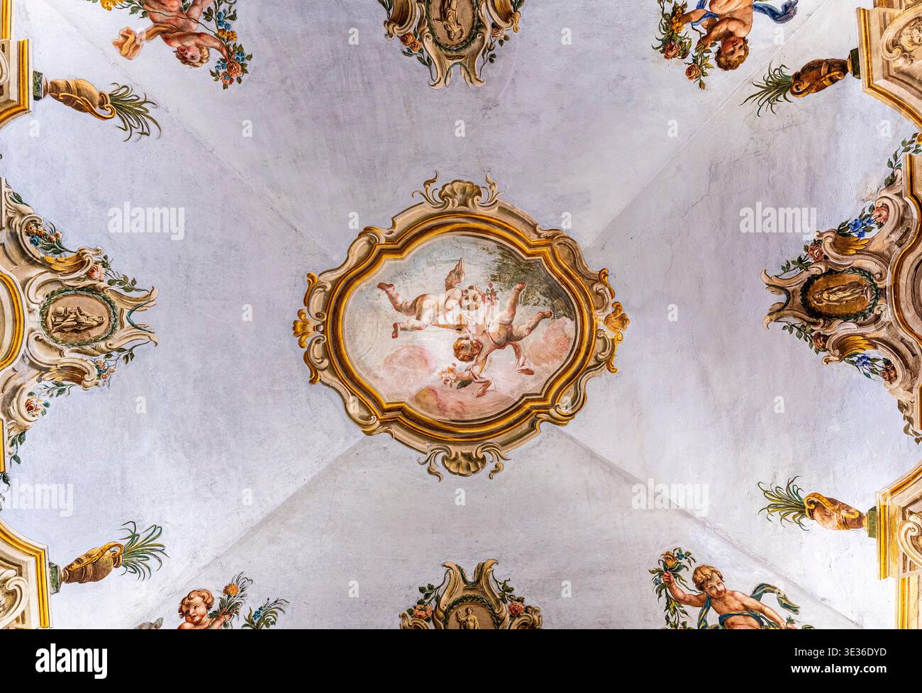 Soffitto affrescato di una sala all'interno di Palazzo Gallenga Stuart, sede dell'Università per stranieri di Perugia, a Perugia, regione Umbria, Italia Foto Stock