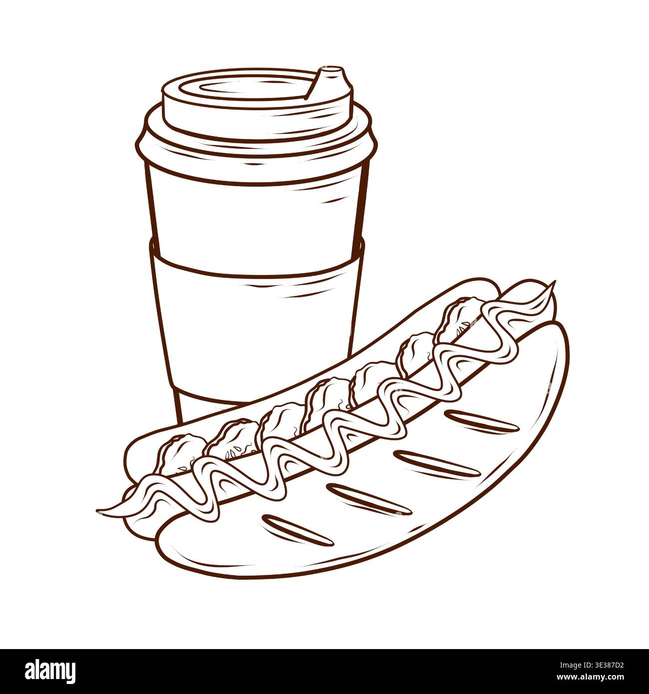 Tazza di caffè da asporto e hot dog disegnata con incisione, illustrazione monocromatica del fast food vettoriale, oggetto di Street food isolato, perfetta per il menu desi Illustrazione Vettoriale
