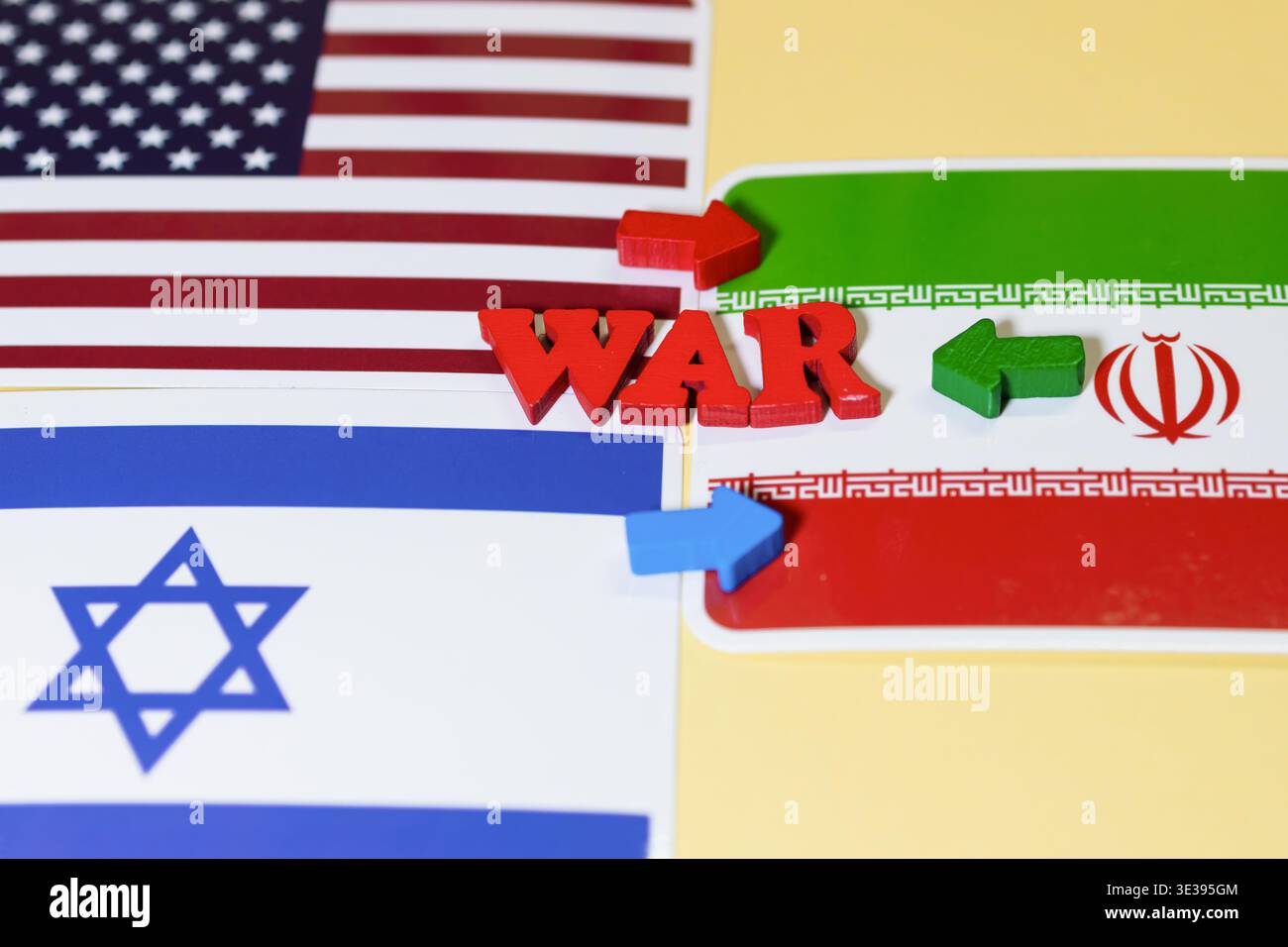 Tensione e crisi politica tra Israele, Stati Uniti e Iran, simboleggiando il rischio di una guerra Foto Stock