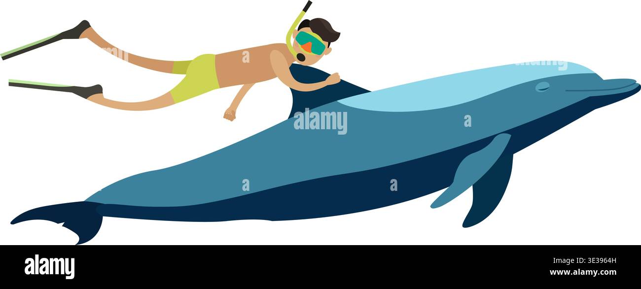 Turista maschile in maschera da snorkeling che nuota con l'icona del vettore dei delfini Illustrazione Vettoriale