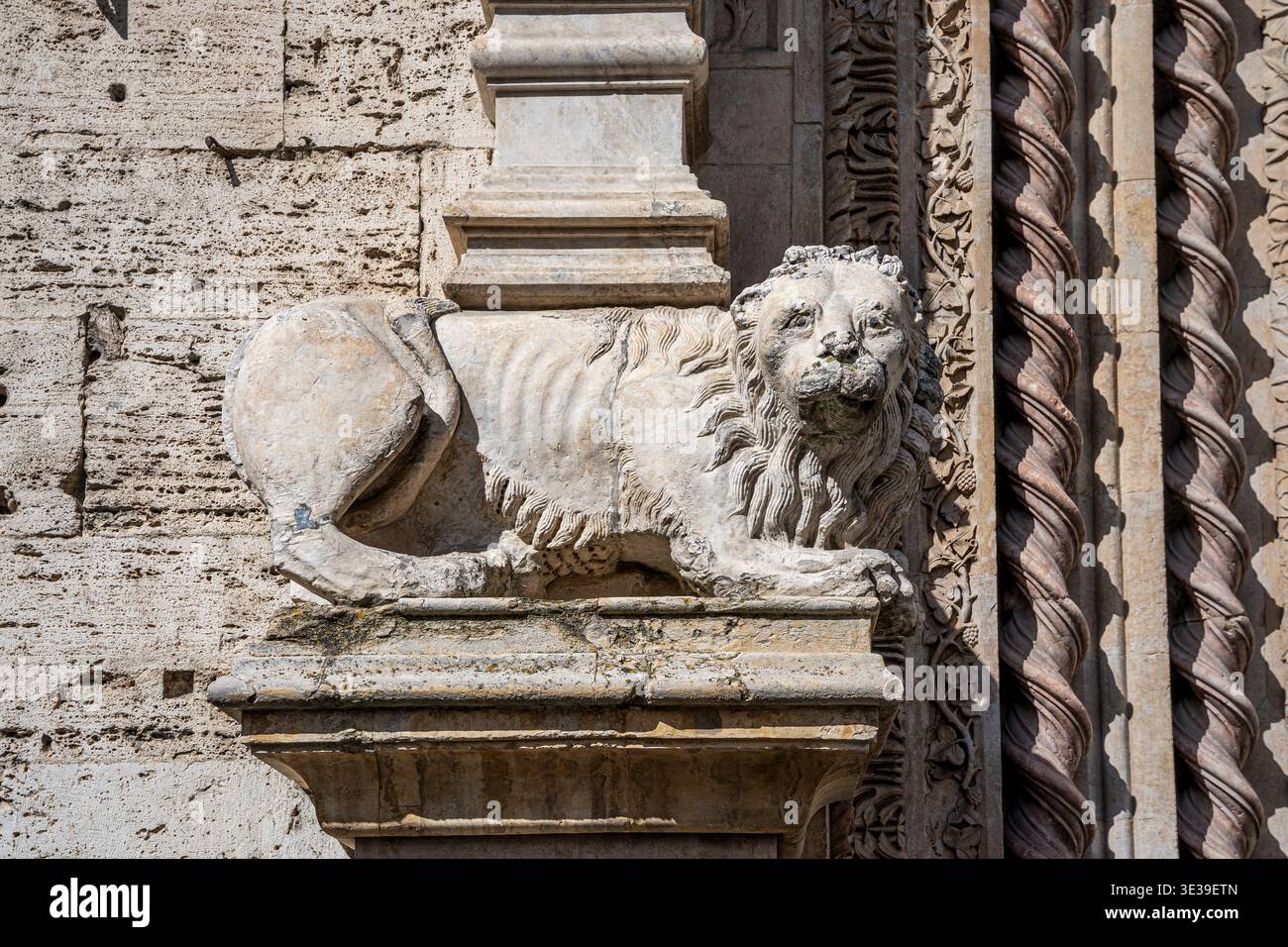 Leone scolpito che sorregge un pilastro del Portale maggiore (1346) di Palazzo dei Priori in corso Vannucci a Perugia, Umbria, Italia. Foto Stock