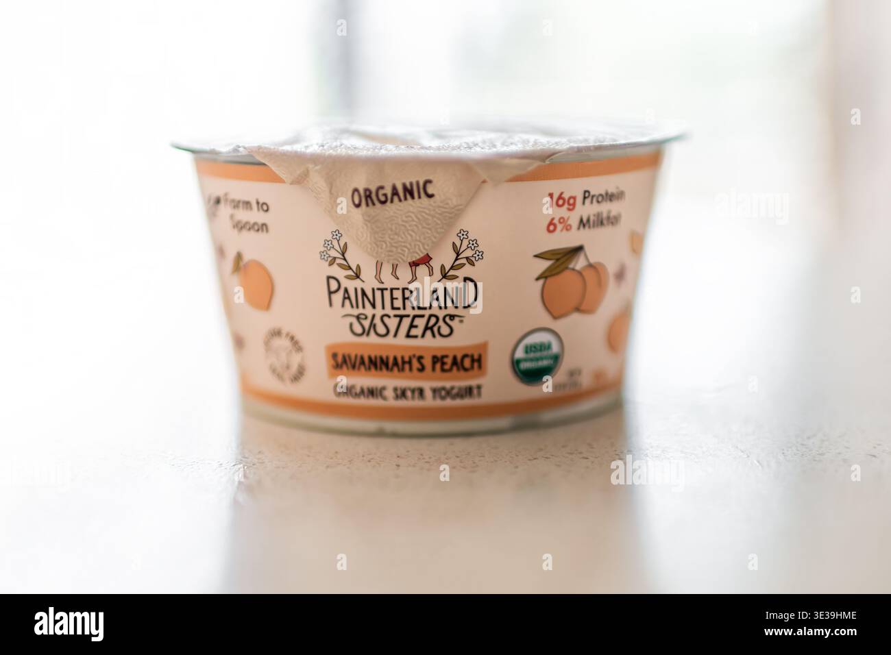 Roseland, Stati Uniti d'America - 14 marzo 2025: Yogurt skyr biologico, varietà di sapori di pesca di Savannah, cremoso dolce, suore Painterland in Pennsylvania Foto Stock
