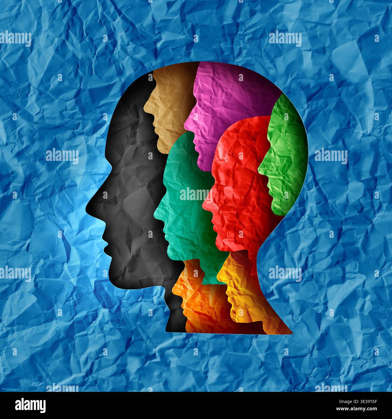 Concetto di supporto di gruppo e aiuto della comunità o terapia collettiva e leadership di gruppo o leader lavoro di squadra come profili di testa umana fatti di carta come metafa Foto Stock