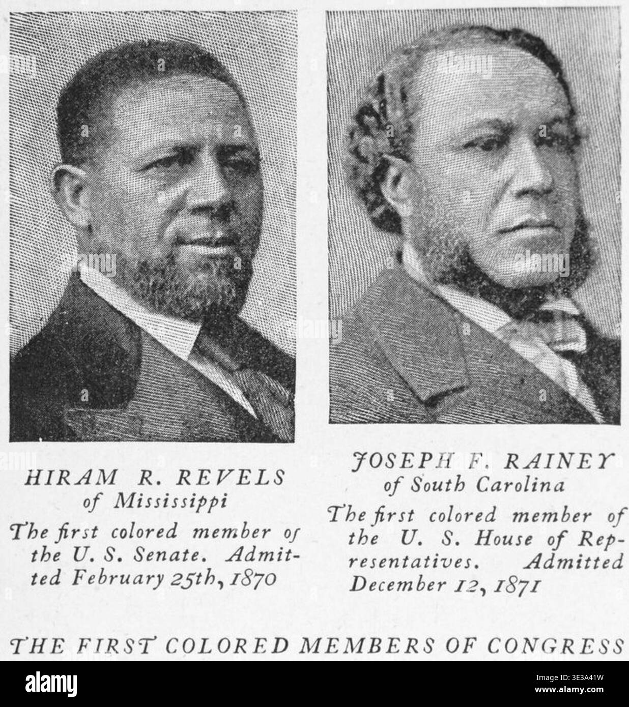 Illustrazioni storiche intitolate Hiram R. Revels of Mississippi il primo membro colorato del Senato degli Stati Uniti, Joseph F. Rainey della Carolina del Sud il primo membro colorato della camera dei rappresentanti degli Stati Uniti, raffiguranti incisioni ritratto di due pionieri legislatori afroamericani durante l'era della ricostruzione, pubblicato a New York nel 1897. Foto Stock