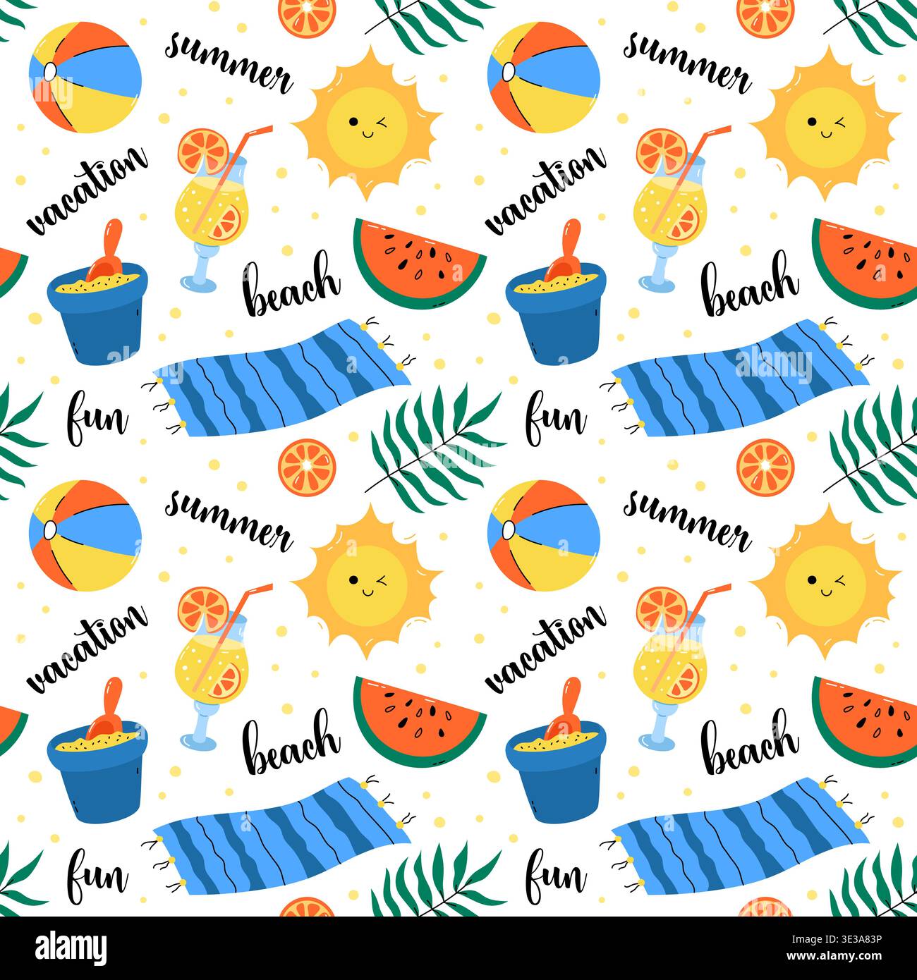 Motivo da spiaggia senza cuciture con elementi da spiaggia. Dolce sfondo estivo con sole, anguria, cocktail, foglie di palma e parole vacanza, divertimento, spiaggia. Illustrazione Vettoriale