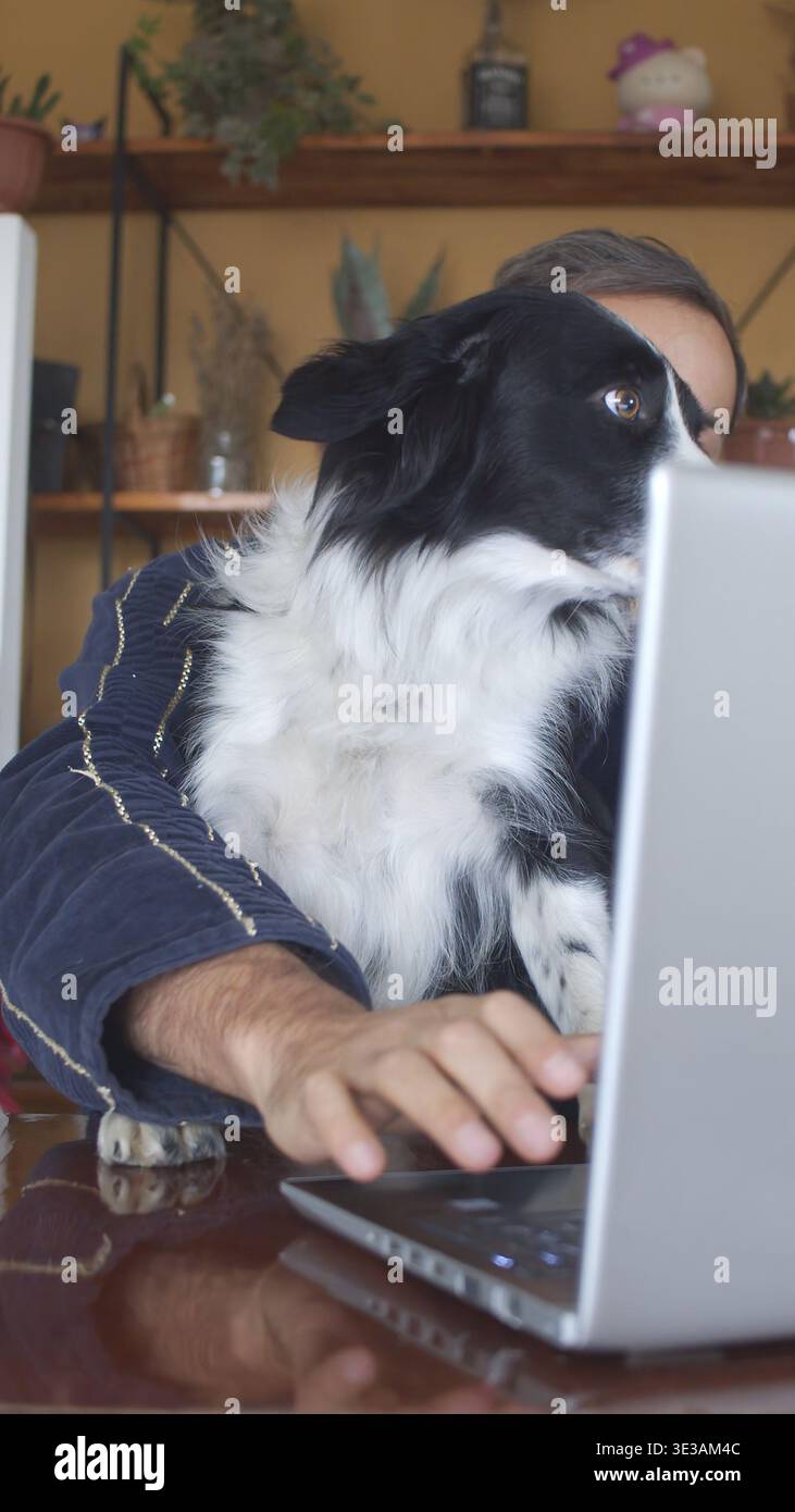 Un ritratto di un uomo in abito con un cane davanti a un portatile. Foto verticale Foto Stock