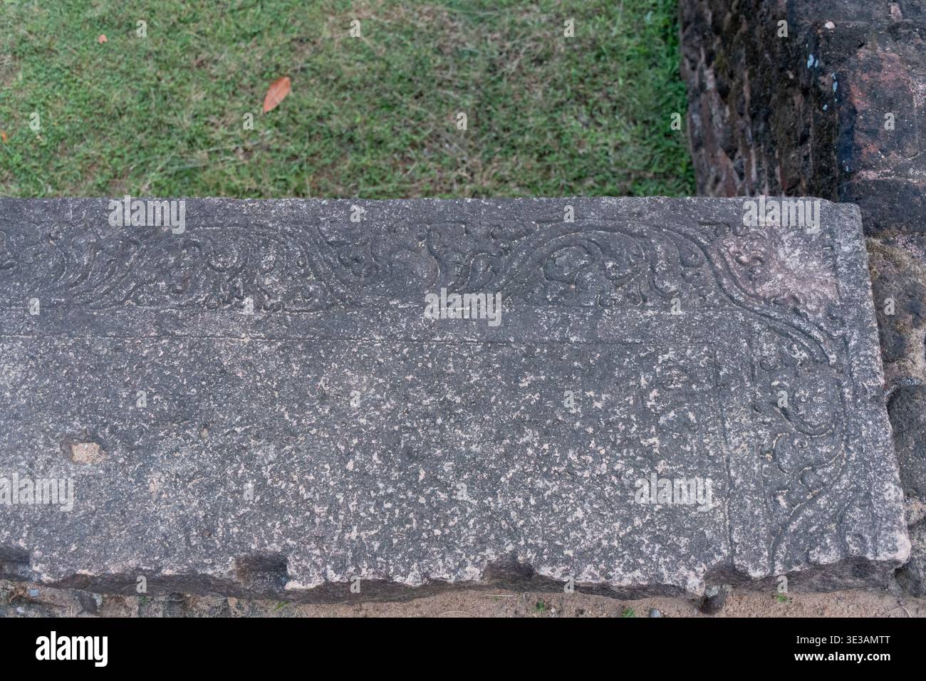 Questa immagine mostra un primo piano dell'iscrizione della lastra di Kiri-Vehera situata a Polonnaruwa, Sri Lanka. Foto Stock