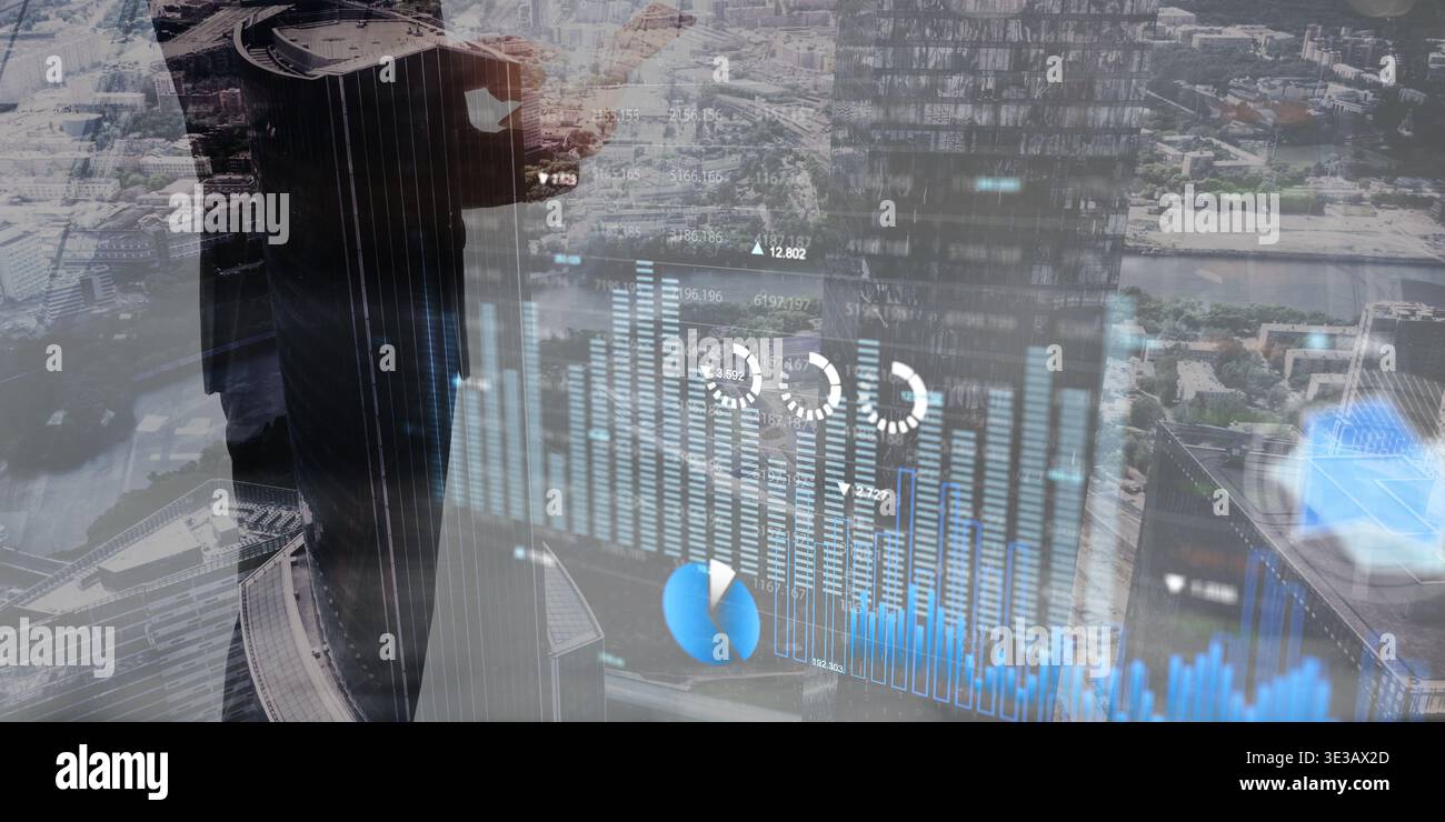 Interfaccia di Digital Financial Analytics che mostra le tendenze di mercato e gli indicatori statistici. Foto Stock