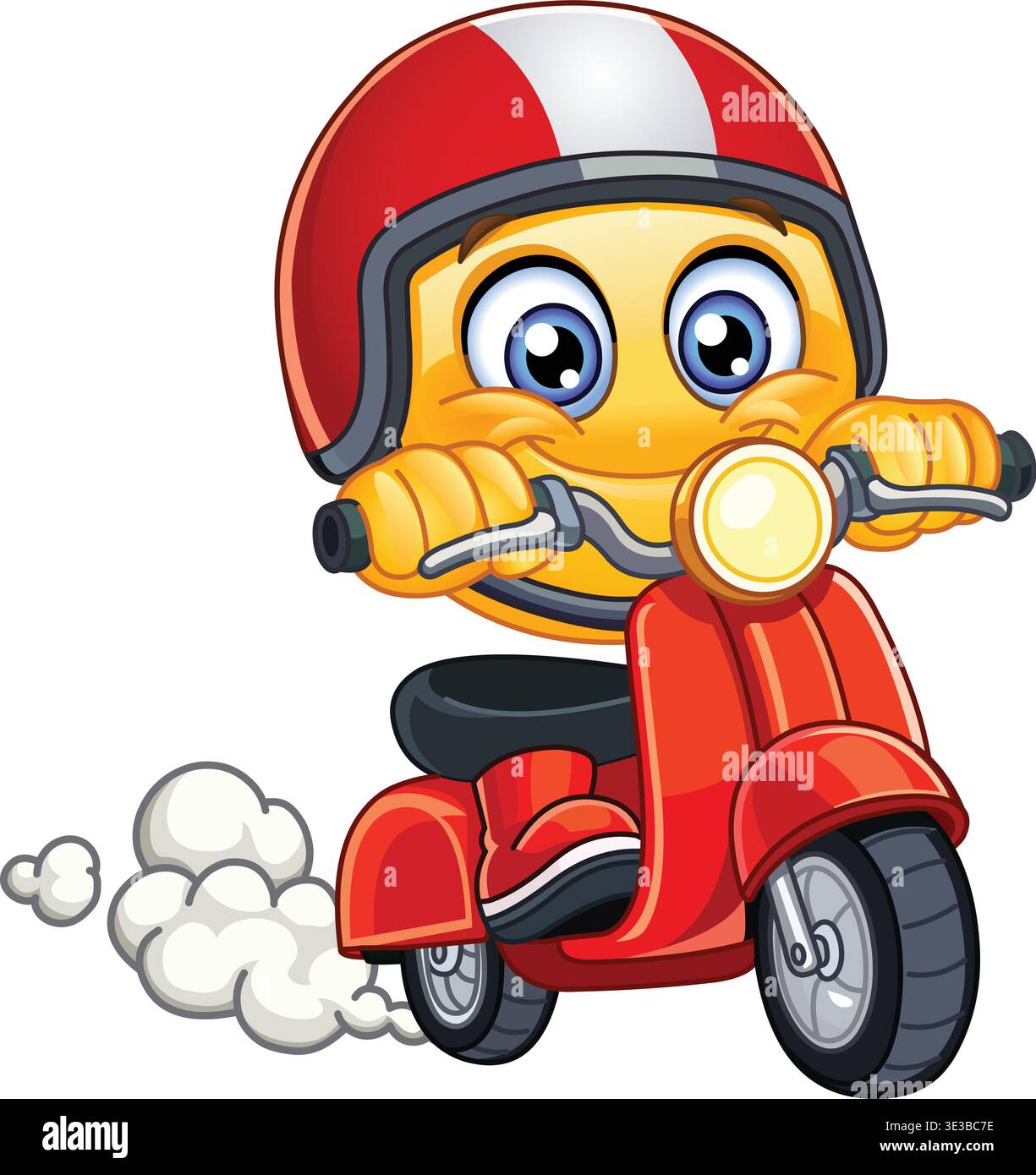 Emoticon carino in sella a uno scooter rosso con casco Illustrazione Vettoriale