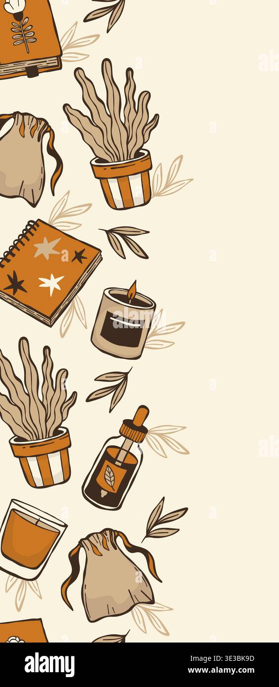 Bordo verticale senza cuciture Hygge Hobby. Casa accogliente, candela, libro, quaderno e piante in vaso su sfondo chiaro. Divisore Doodle trafilato a mano in terracotta. T Illustrazione Vettoriale