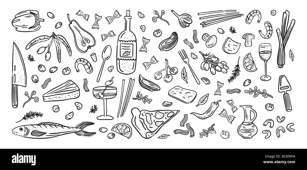 Cibo Doodle. Pranzo e bevande vintage disegnate a mano in Italia, piatto estivo party art con olive, pasta per menu italiano. Ingredienti gastronomici assortiti, design per striscioni di sfondo. Set di icone delle linee isolate vettoriali Illustrazione Vettoriale