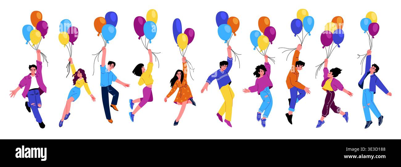 La persona regge il palloncino. Donna felice e libera, uomo adulto in sogno. Festa di compleanno. Personaggi in pose dinamiche che saltano con bolle di elio. Set isolato per illustrazione piatta di cartoni animati vettoriali Illustrazione Vettoriale