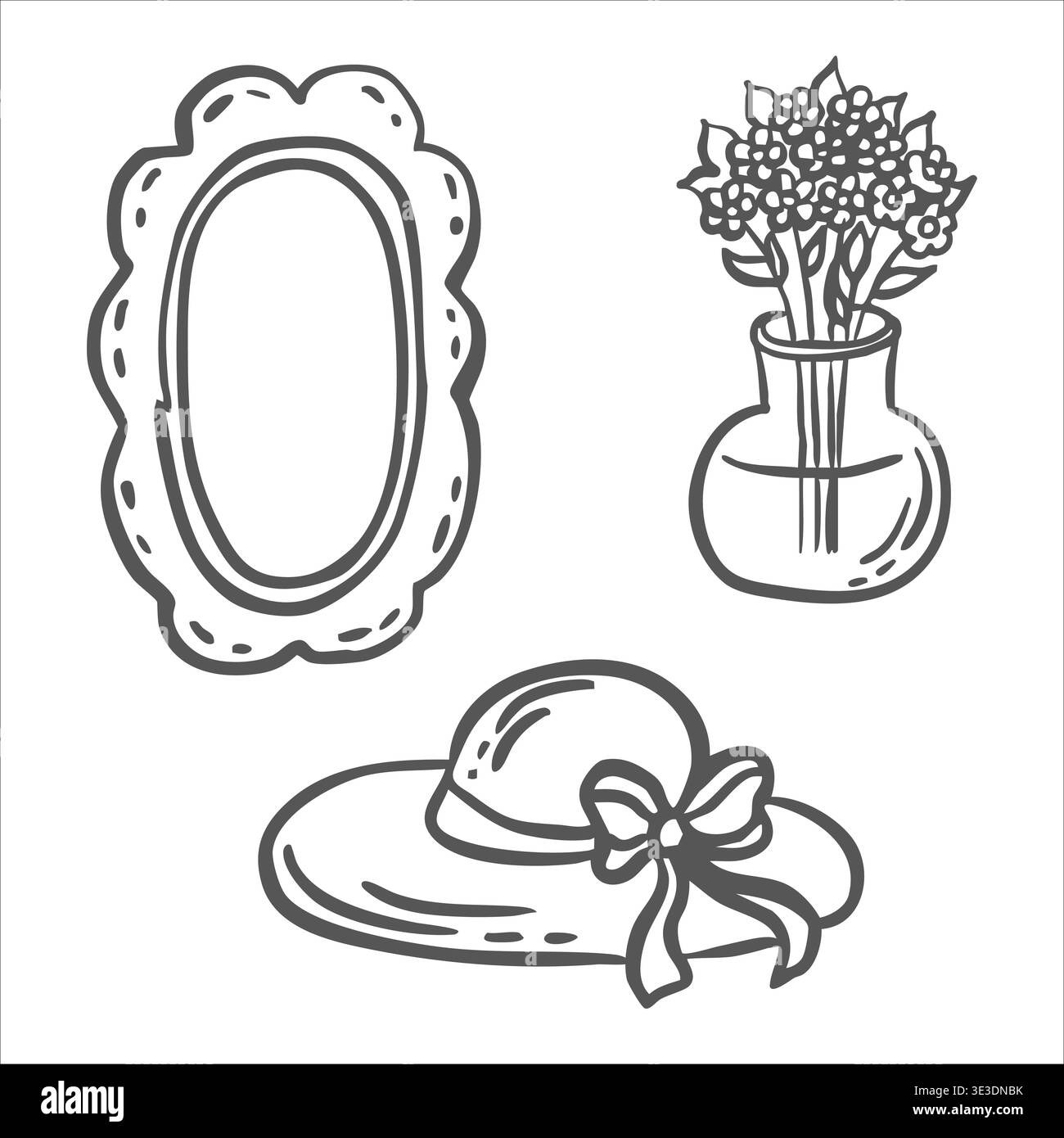 Set di illustrazioni grafiche vettoriali stravaganti per il beauty design. Spaghetti isolati disegnati a mano di specchio, cappello con fiocco e bouquet di fiori Illustrazione Vettoriale