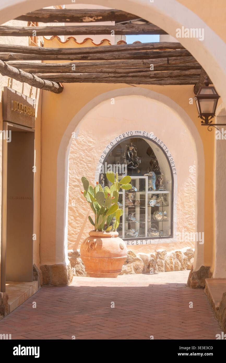Elegante cortile mediterraneo con arcata, piante in vaso e luce calda del sole. Architettura del sud e concetto di stile di vita di lusso Foto Stock