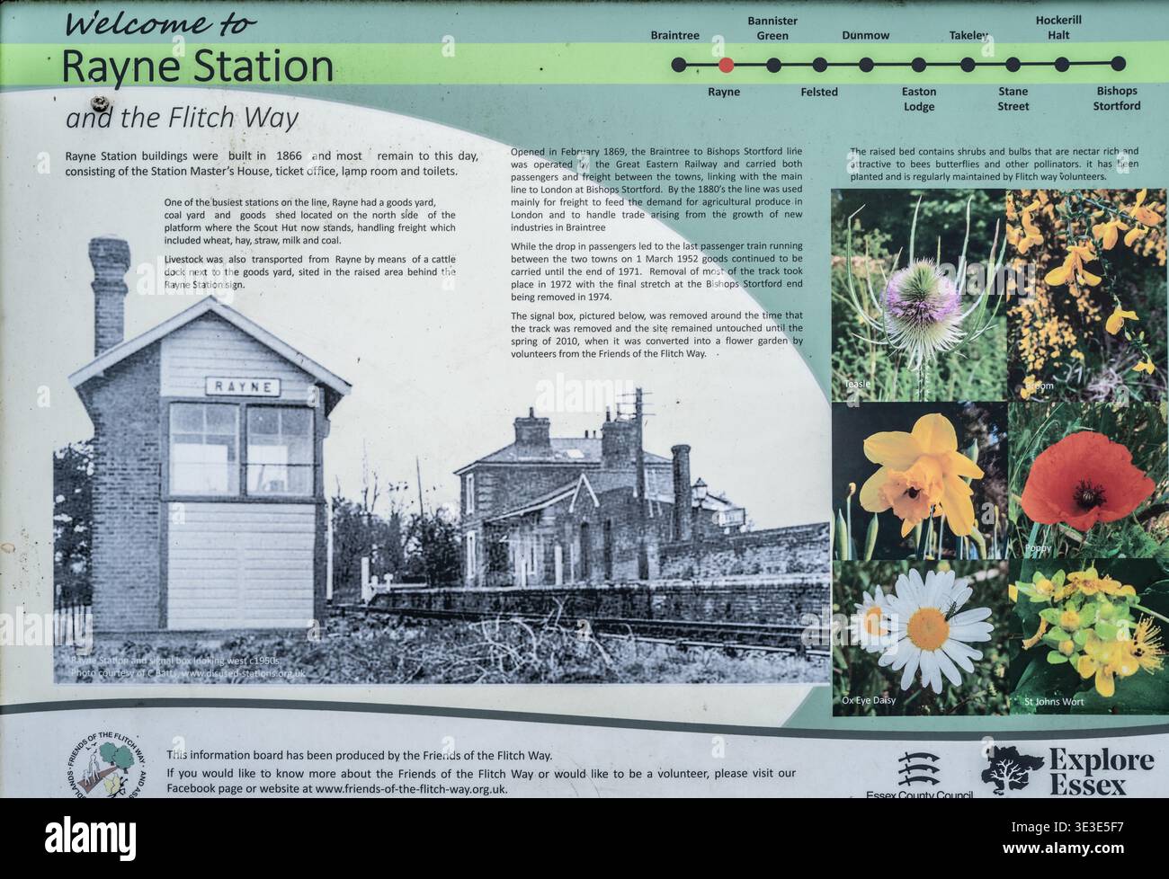 Dettaglio su un poster sulla storia della stazione Rayne, Essex Foto Stock