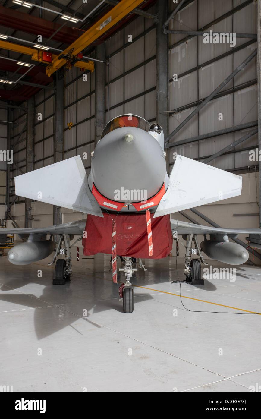 Un caccia Eurofighter Typhoon FGR4 della Royal Air Force, che mostra i Canards montati sulla parte anteriore dell'aereo. Foto Stock