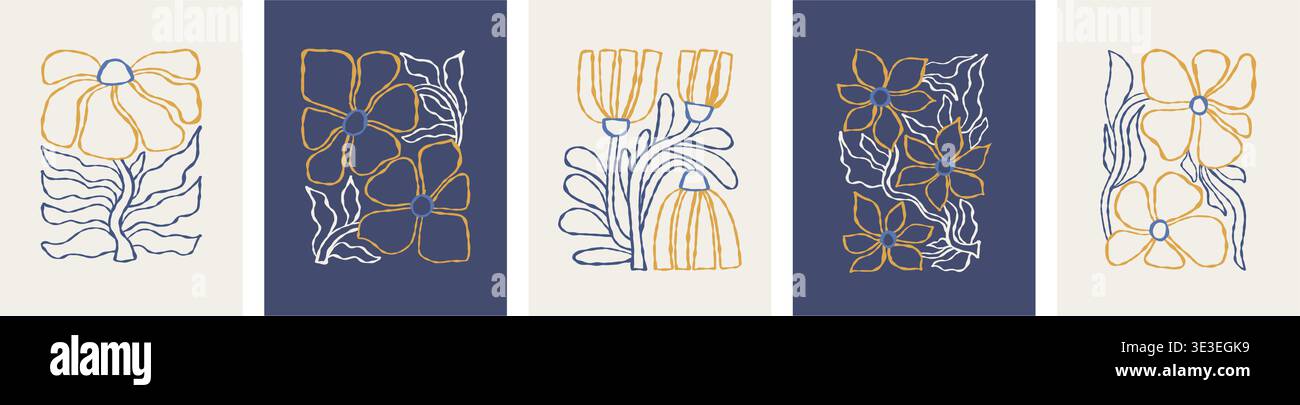 Outline set disegnato a mano da Matisse Floral. Galleria Botanica moderna Arte murale Poster minimalisti verticali Vector isolati illustrazioni floreali in Indigo A. Illustrazione Vettoriale