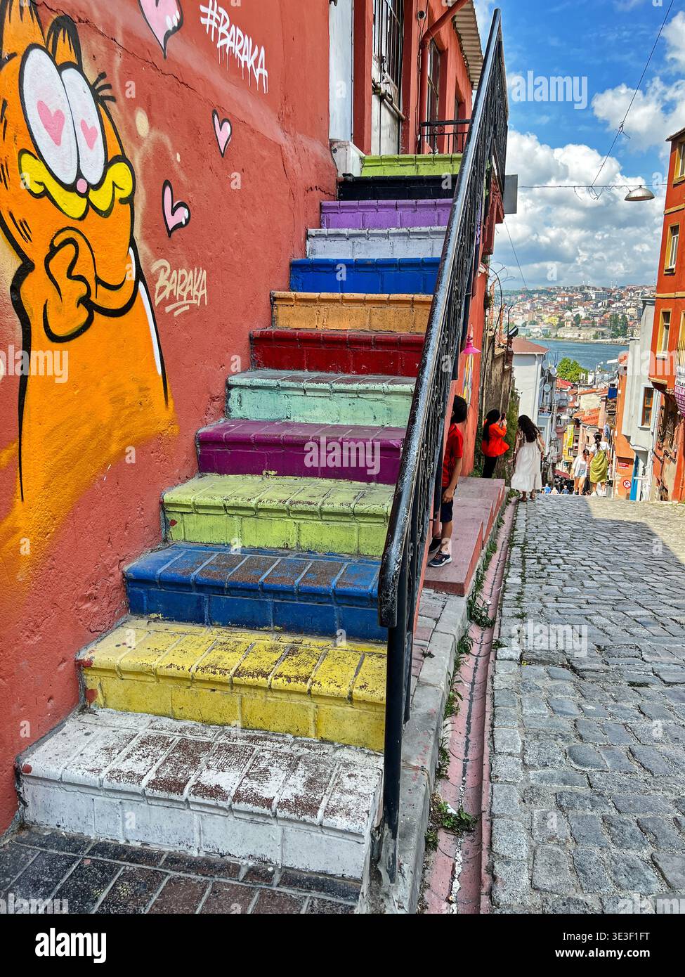 ISTANBUL, TURCHIA - 9 LUGLIO 2022: Gradini colorati conducono al caffè Incir AgacI Kahvesi in quello che era un tradizionale quartiere ebraico di Istanbul. Foto Stock