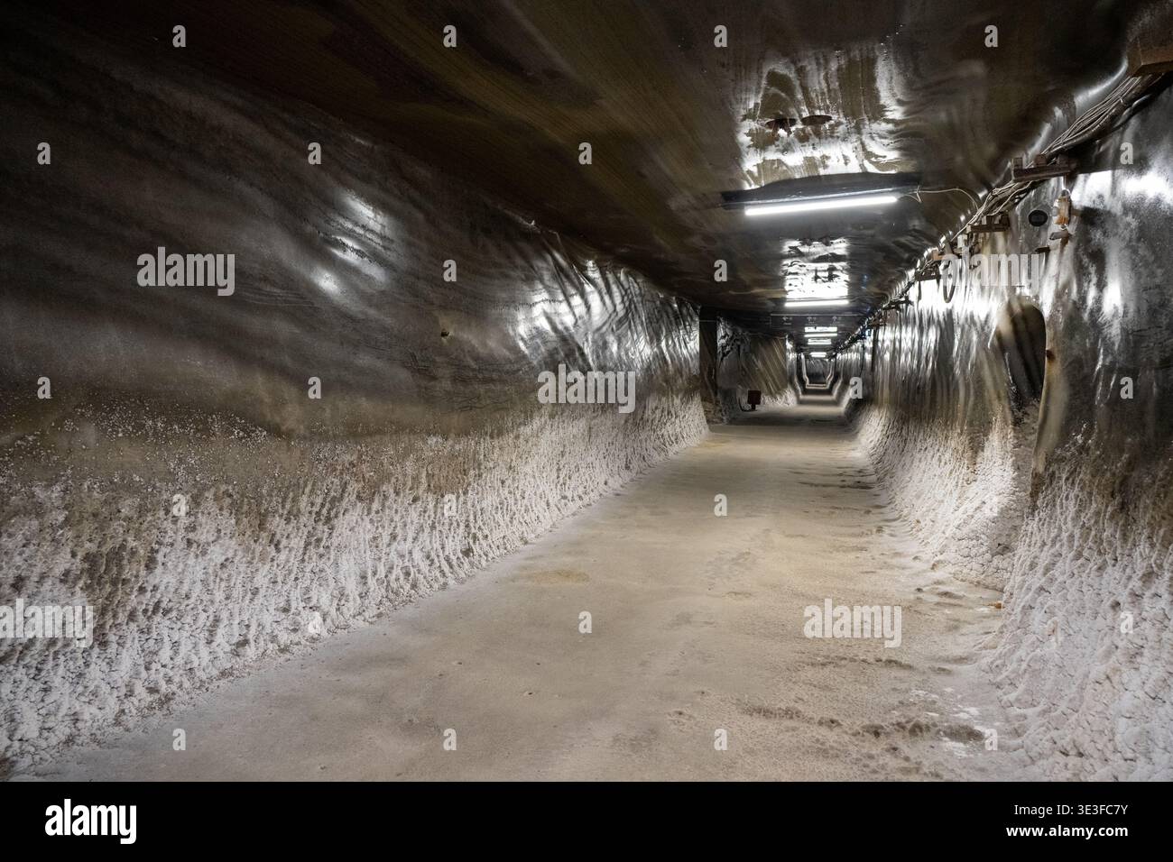 Corridoio sotterraneo vuoto con pareti rivestite di sale e plafoniere all'interno della miniera di sale Salina Turda, Turda, Romania. Foto Stock