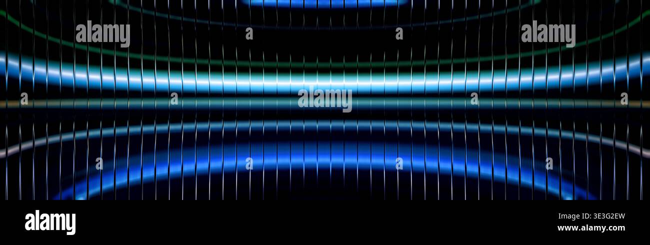 Futuristici archi di luce blu su sfondo nero con vetro verticale Foto Stock