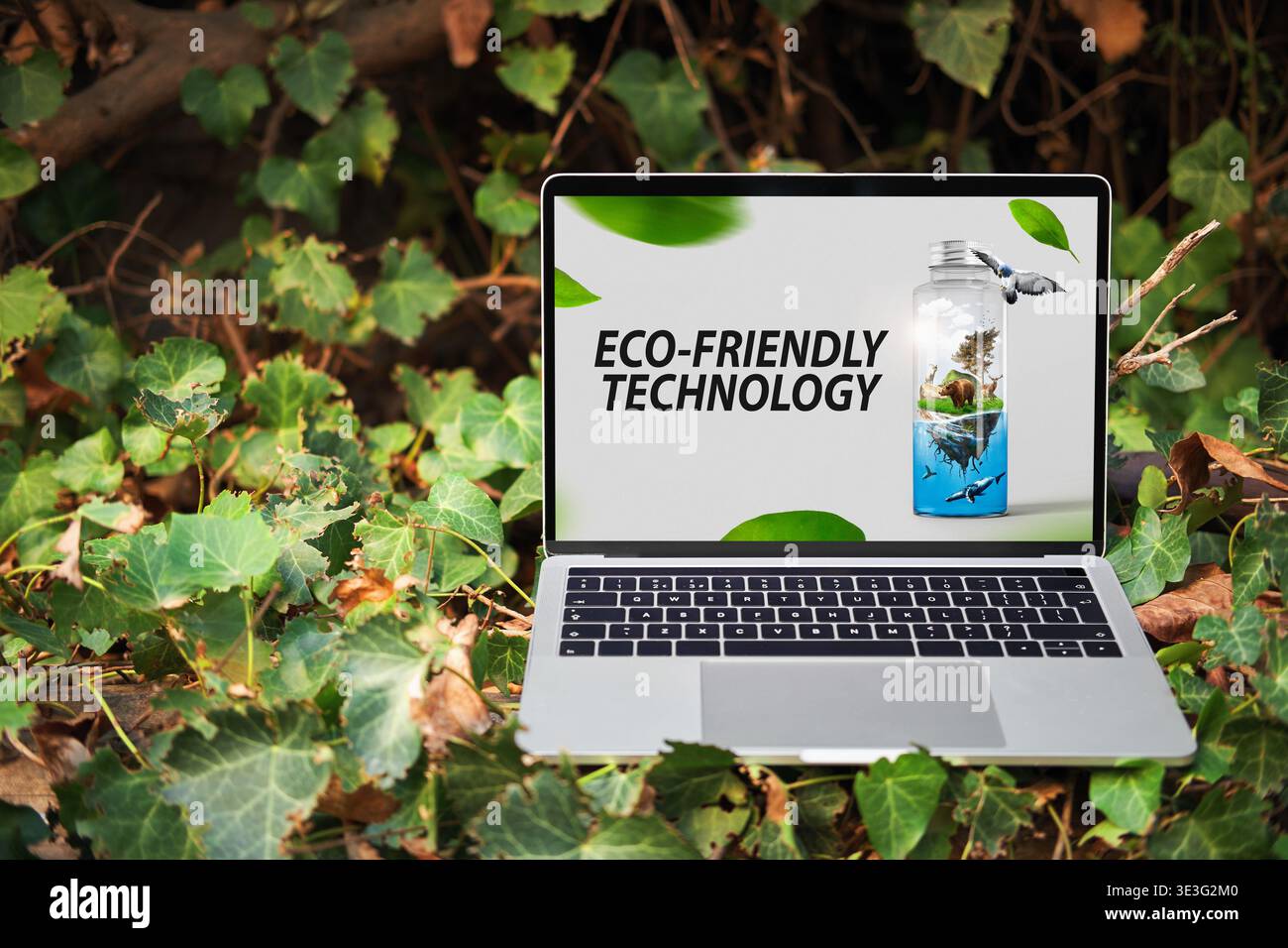 Laptop seduto su foglie di edera, schermo con testo sulla tecnologia ecocompatibile. Foto Stock