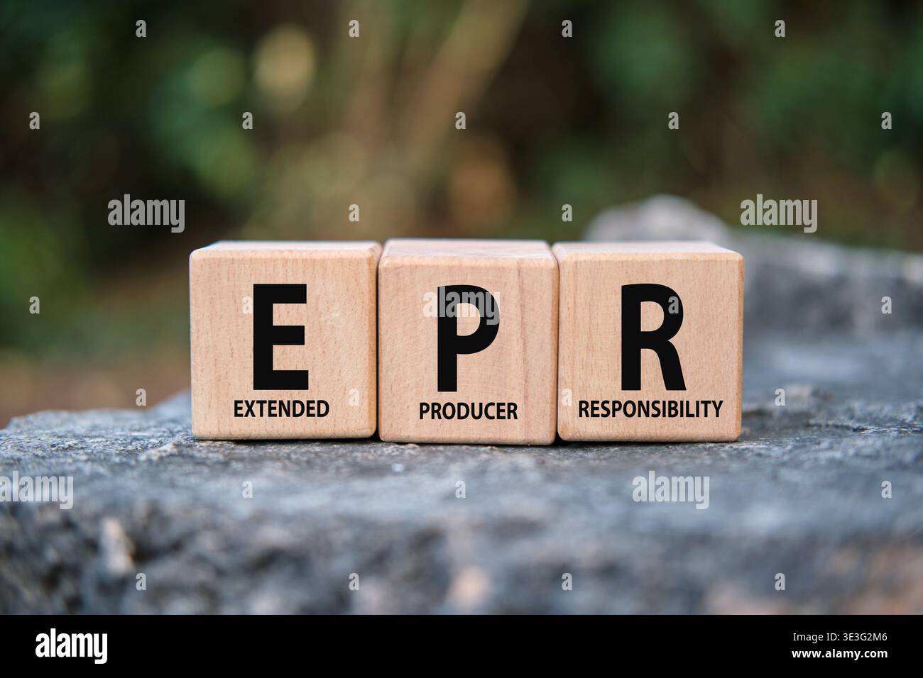 Responsabilità estesa del produttore (EPR) sui blocchi di legno in un contesto naturale, che rappresenta la politica ambientale, il riciclaggio e le relazioni commerciali sostenibili Foto Stock