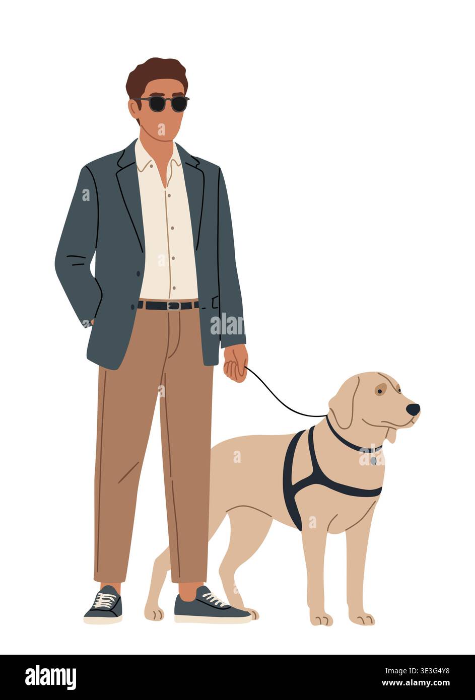 Cieco che indossa occhiali neri con un cane guida Illustrazione Vettoriale