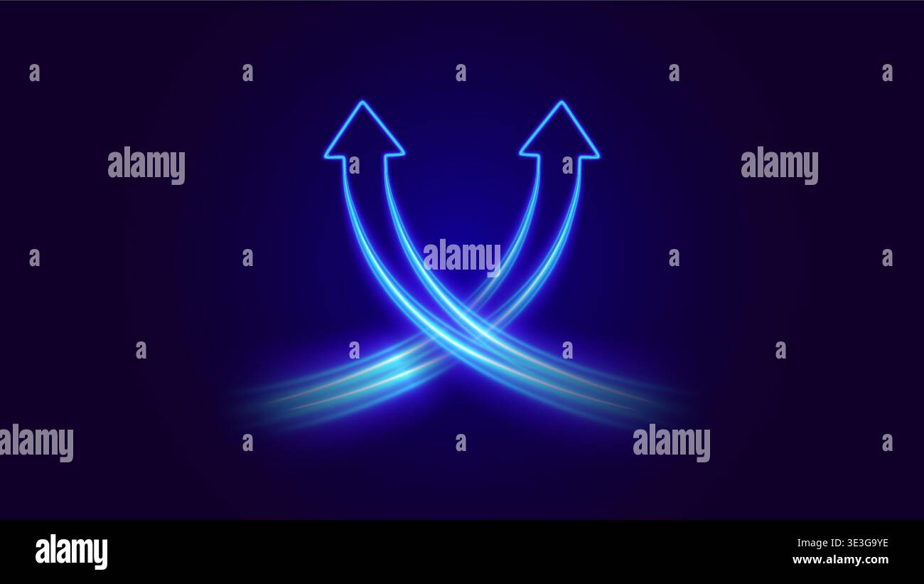 Frecce incrociate.due frecce al neon che si illuminano intrecciate. Effetto neon blu brillante. Illustrazione Vettoriale