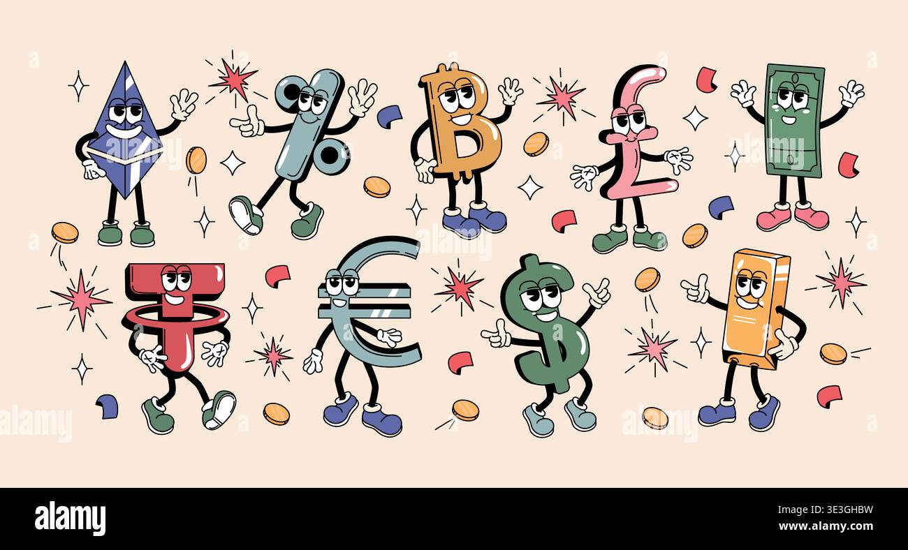 Personaggio cartoni animati retro Groovy y2k Money. Set di adesivi di banconote in dollari, euro, sterlina, ethereum, laccio, simbolo percentuale. Segni monetari con faccia funky. Alfabetizzazione finanziaria, investimenti aziendali Illustrazione Vettoriale