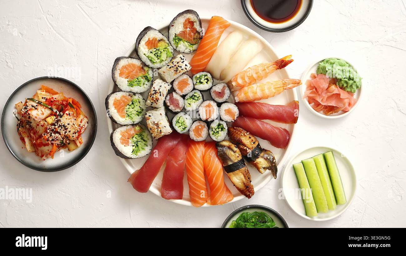 Ampio piatto di sushi con nigiri e maki su sfondo bianco Foto Stock