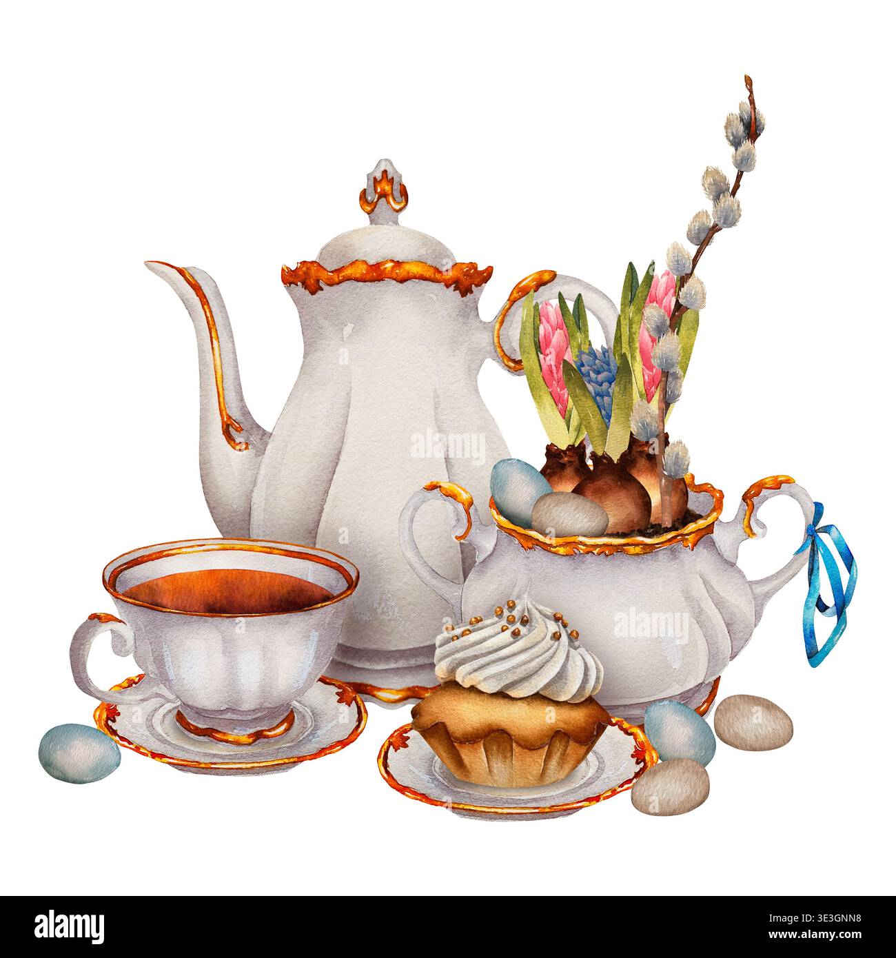 Illustrazione ad acquerello Set di tè di Pasqua con teiera in porcellana e tazza di cupcake kulich uova dipinte bulbi di Giacinto e rami di salice. Per il tè di Pasqua ce Foto Stock