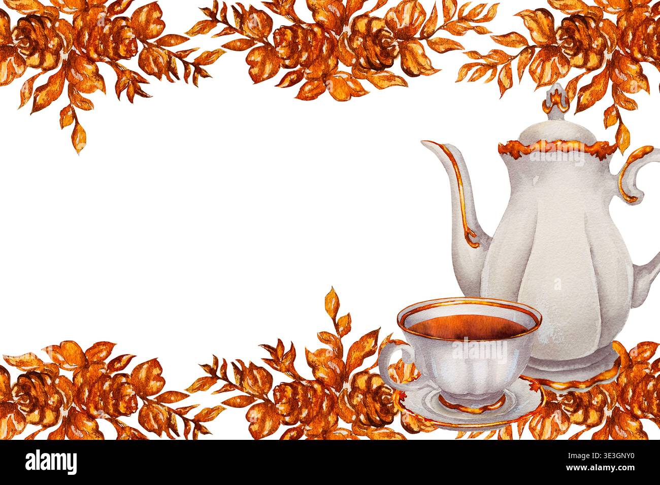 Cornice per tè ad acquerello con teiera in porcellana, tazza e bordo floreale. Illustrazione per il confezionamento del tè, il branding del caffè, il design del menu, gli inviti, il saluto c Foto Stock