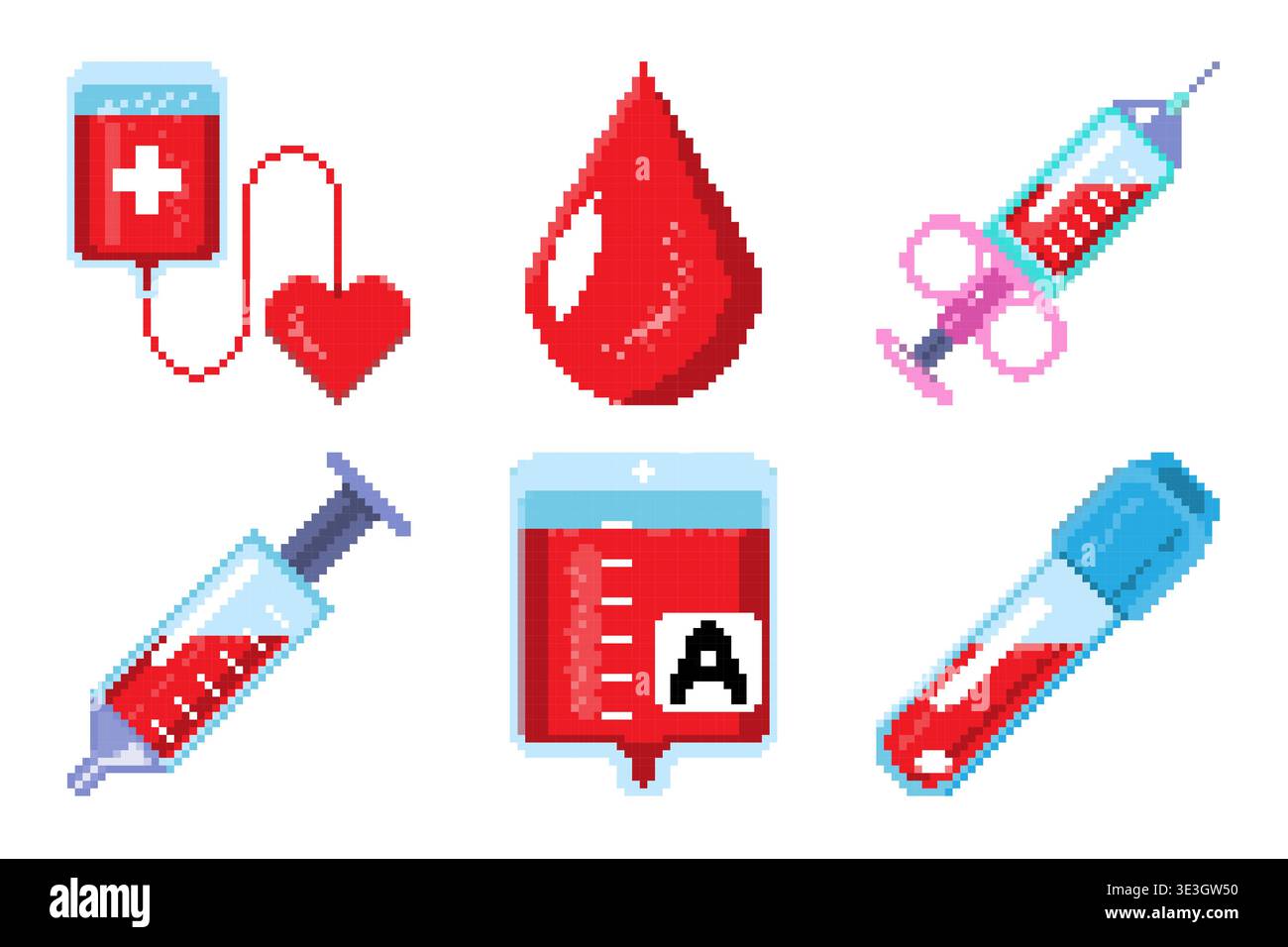 Set di icone di pixel art per la donazione di sangue, tra cui sacche di sangue, siringhe, provette e simboli cardiaci per concetti medici e sanitari. Illustrazione vettoriale Illustrazione Vettoriale