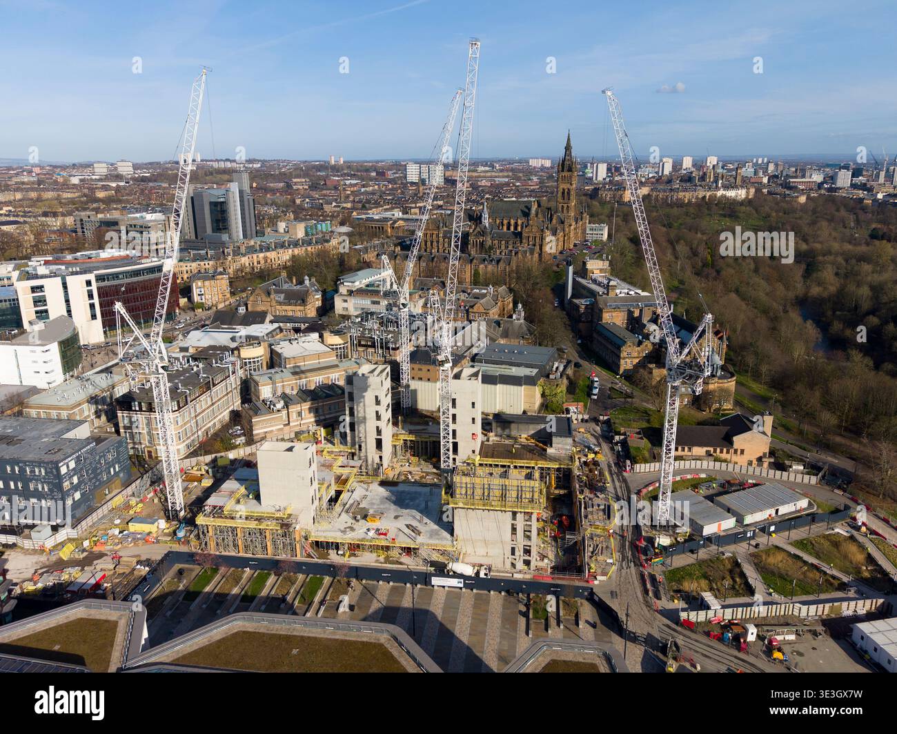 Veduta aerea del cantiere di Glasgow University Campus Development , Glasgow, Scozia, Regno Unito Foto Stock
