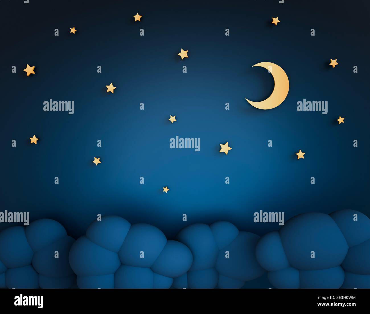 Cartoon Night Sky con Crescent Moon e Stars, sfondo Blue Cloud Landscape. Foto di alta qualità Foto Stock