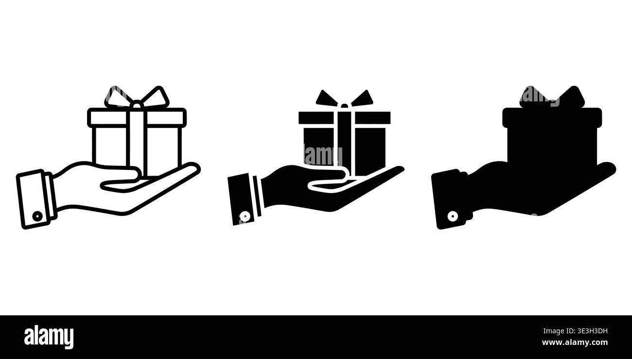 Un set di tre icone grafiche che mostrano una mano che regge una confezione regalo confezionata in diversi stili di design Vector Illustrazione Vettoriale