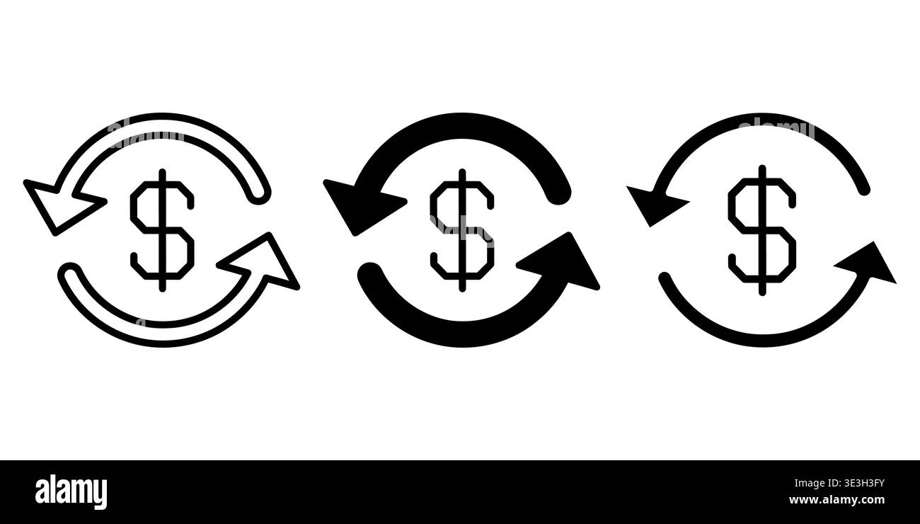 Tre varianti dell'icona del cambio con il simbolo del dollaro circondato da frecce circolari vettore Illustrazione Vettoriale