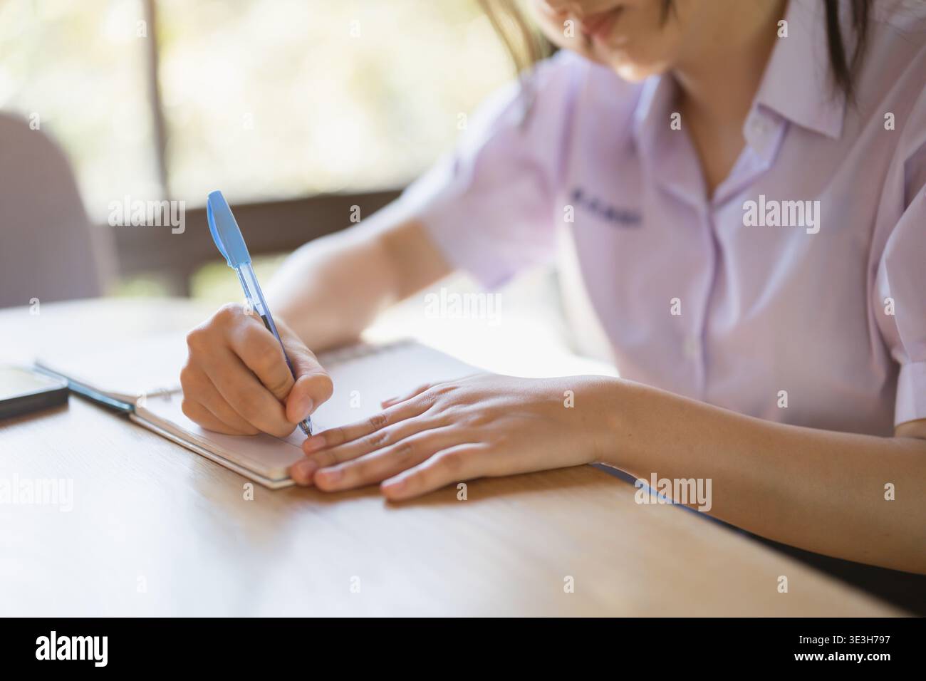 primo piano studente della scuola superiore che lavora, lavora a casa, scrive progetti alla biblioteca del campus scolastico Foto Stock