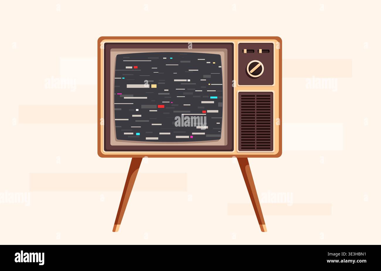 Nessun segnale sullo schermo TV. Televisore retrò con schermo a tubo e ampio alloggiamento in legno. Gadget digitale vintage con effetto rumore bianco, poster vettoriale sapid Illustrazione Vettoriale