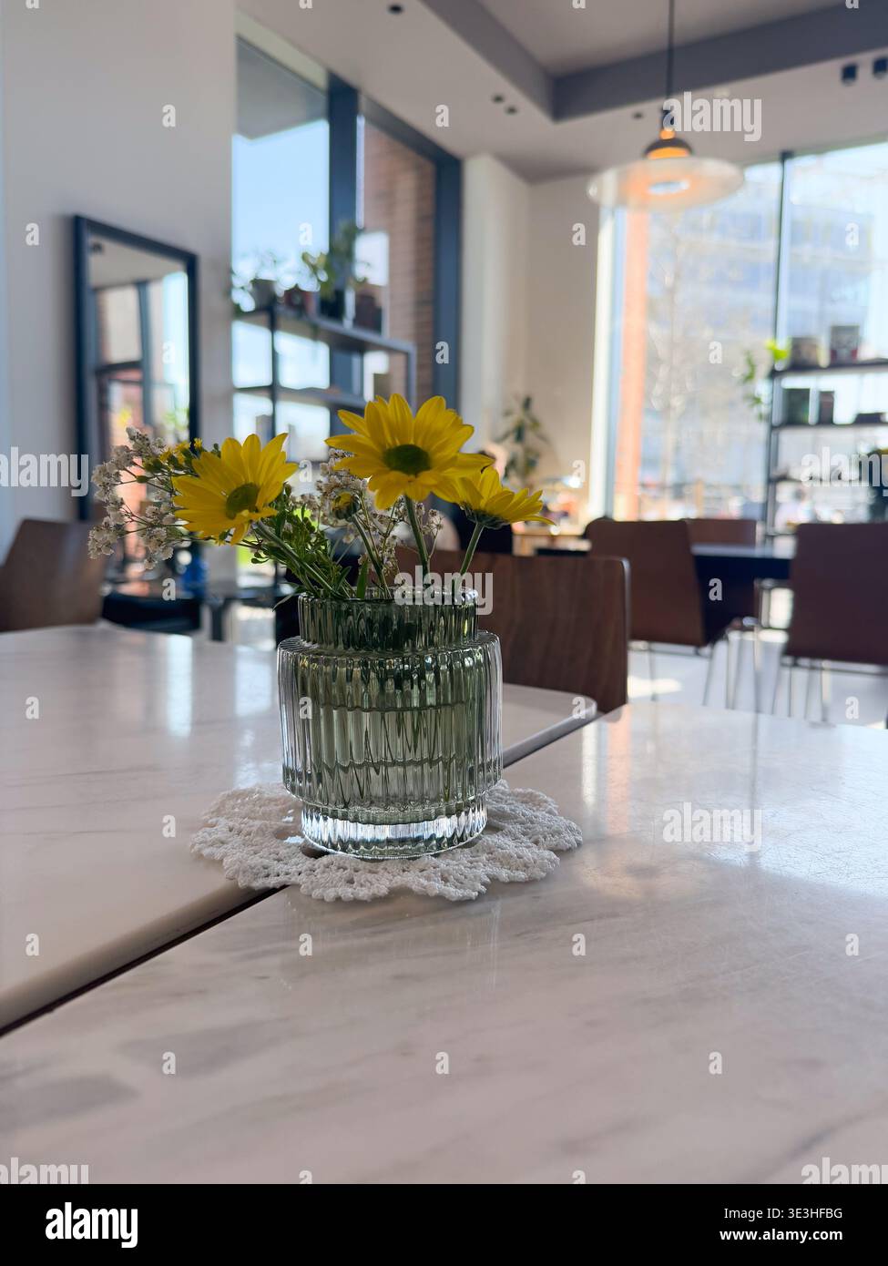 Bouquet di Chrysanthemum morifolium e Gypsophila paniculata in un vaso di vetro a coste su un tavolo di marmo. Stile floreale, arredamento da tavolo, atmosfera da caffetteria, Foto Stock