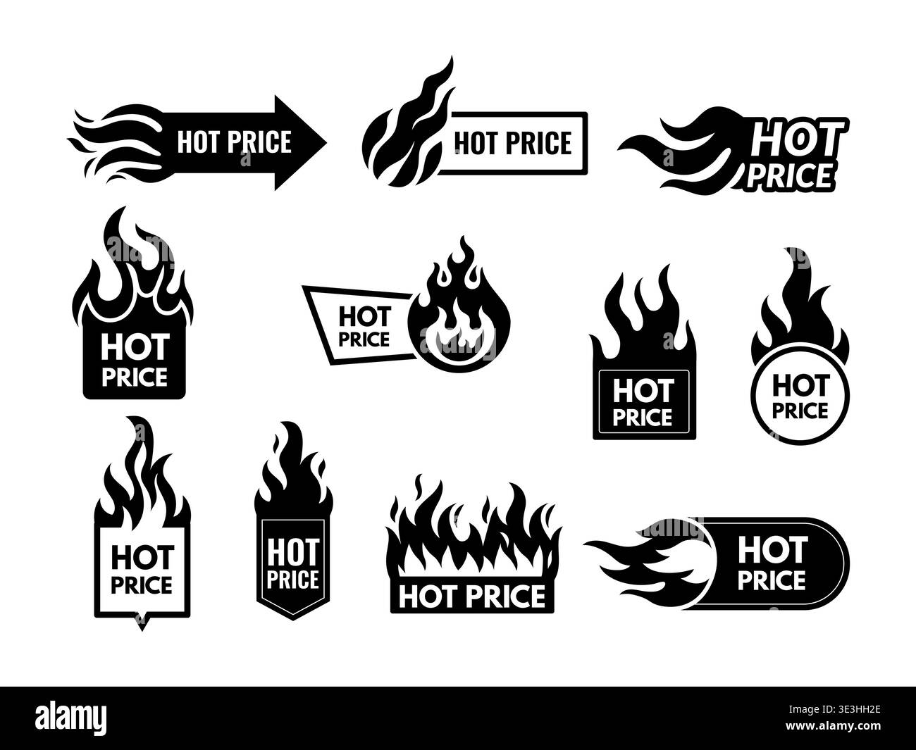 Prezzo caldo. banner pubblicitari per offerte speciali. fiamma stilizzata Illustrazione Vettoriale