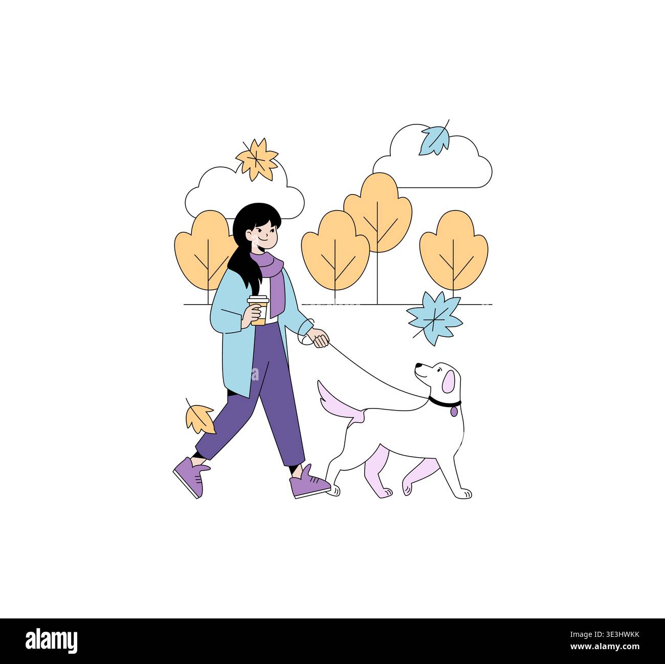 Donna sorridente che si gode una passeggiata con il suo cane nel parco durante l'autunno. Le foglie cadono intorno a loro, aggiungendo un tocco accogliente. Illustrazione vettoriale perfetta per temi stagionali e all'aperto. Illustrazione Vettoriale